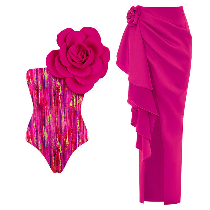 Rose Flame One-Shoulder Swimsuit Set - Rose Red