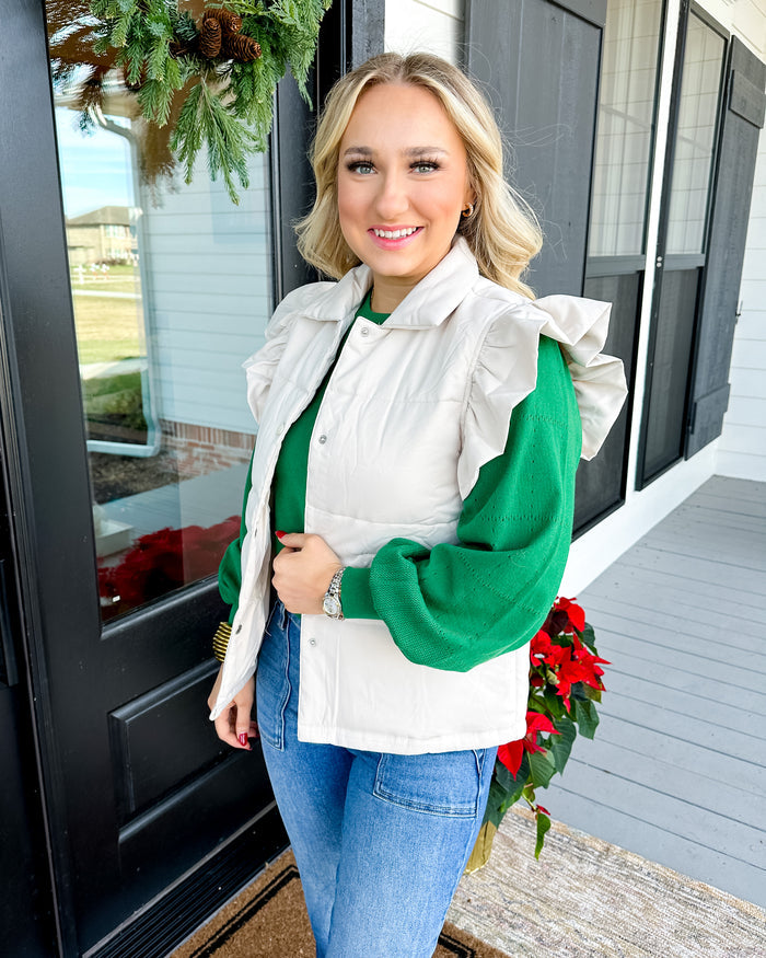 Ruffle Shoulder Padded Vest in Oatmeal