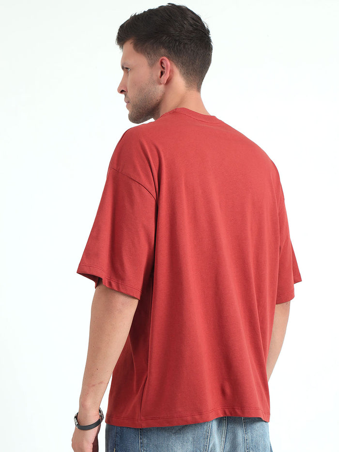 Rust Red Baggy Fit Round Neck T-Shirt For Men's