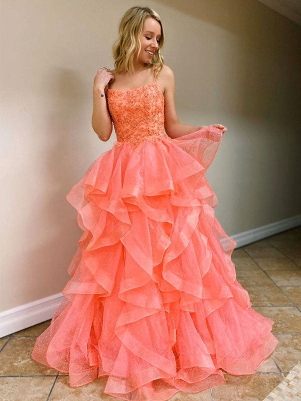 Sexy Coral Spaghetti Strap Ruffles Backless Long Prom Dress, PD3170