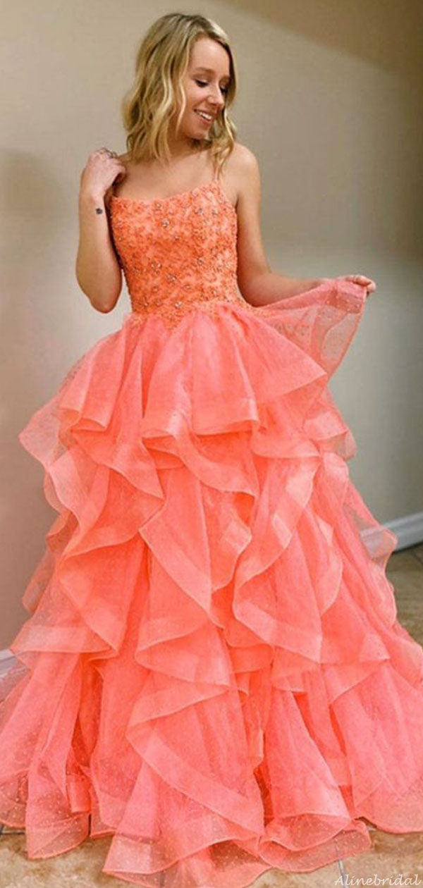 Sexy Coral Spaghetti Strap Ruffles Backless Long Prom Dress, PD3170