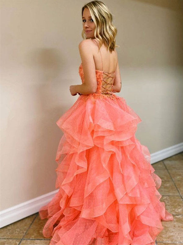 Sexy Coral Spaghetti Strap Ruffles Backless Long Prom Dress, PD3170