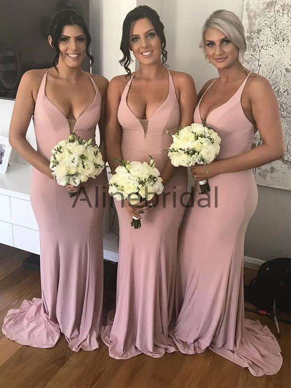 Sexy Deep V-neck Halter Dusty Pink Mermaid Long Bridesmaid Dresses, AB4060