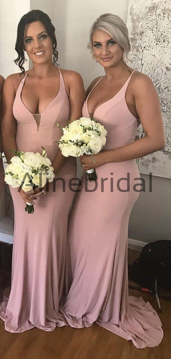 Sexy Deep V-neck Halter Dusty Pink Mermaid Long Bridesmaid Dresses, AB4060