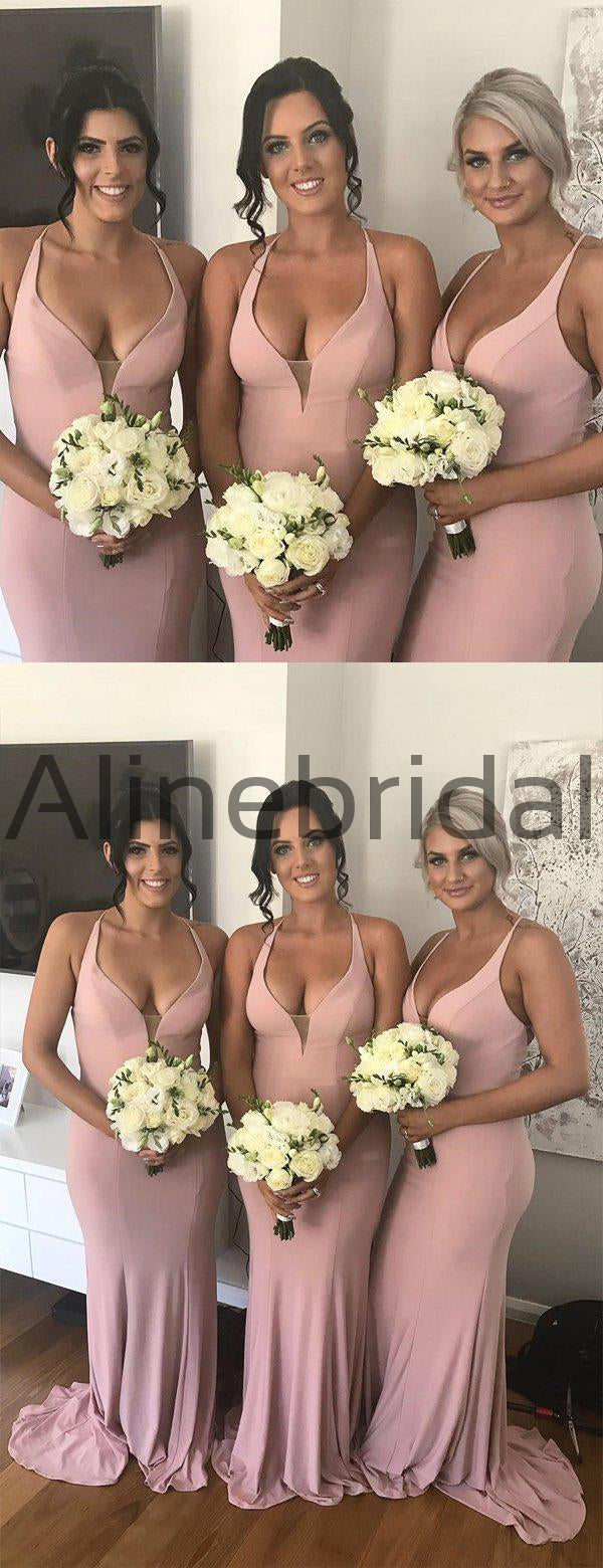 Sexy Deep V-neck Halter Dusty Pink Mermaid Long Bridesmaid Dresses, AB4060