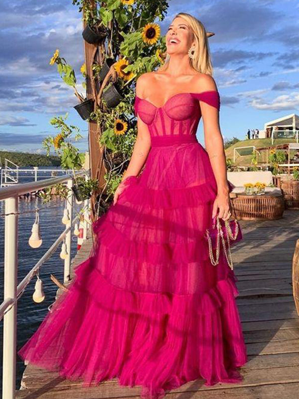 Sexy Fuchsia Off Shoulder Ruffles Tulle A-line Prom Dress-Tiered Evening Dress, PD3318