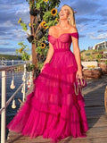 Sexy Fuchsia Off Shoulder Ruffles Tulle A-line Prom Dress-Tiered Evening Dress, PD3318