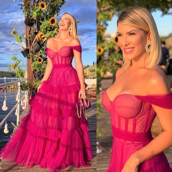 Sexy Fuchsia Off Shoulder Ruffles Tulle A-line Prom Dress-Tiered Evening Dress, PD3318