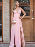 Sexy V-neck Spaghetti Strap Pale Pink A-line Long Prom Dress with Slit, PD00240
