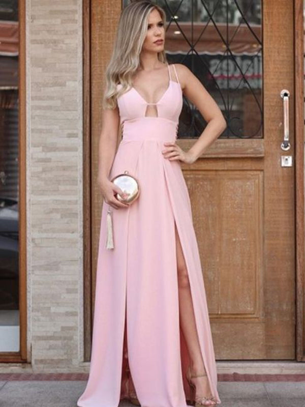 Sexy V-neck Spaghetti Strap Pale Pink A-line Long Prom Dress with Slit, PD00240