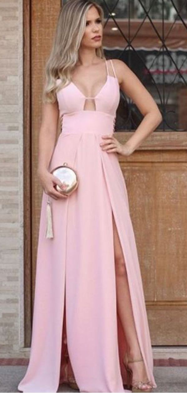 Sexy V-neck Spaghetti Strap Pale Pink A-line Long Prom Dress with Slit, PD00240