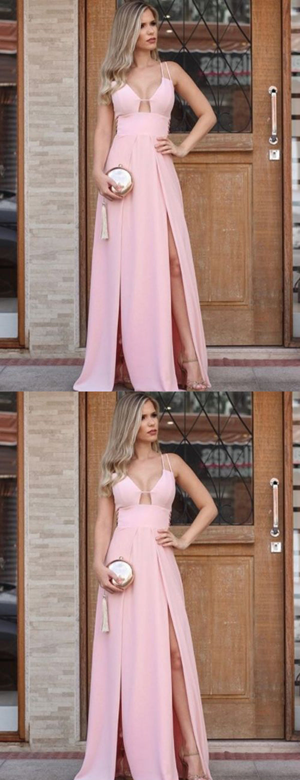 Sexy V-neck Spaghetti Strap Pale Pink A-line Long Prom Dress with Slit, PD00240