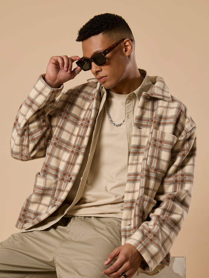 men's biege checked fleece shacket with cotton and polyster belnded  fabric.