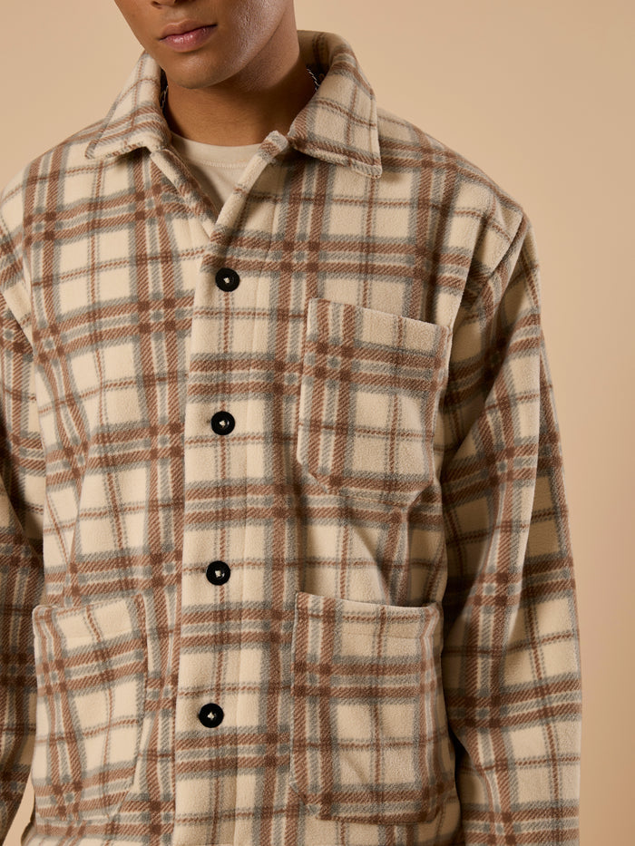 men's biege checked fleece shacket with cotton and polyster belnded  fabric.