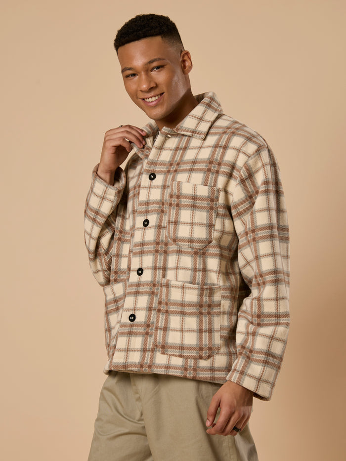 men's biege checked fleece shacket with cotton and polyster belnded  fabric.