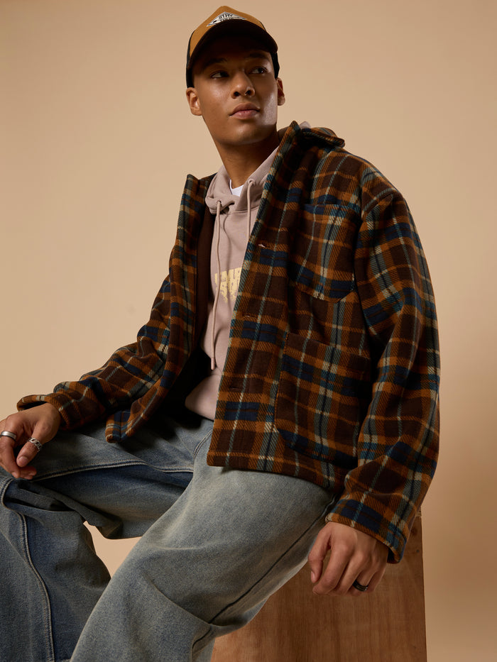 men's brown checked fleece shacket with cotton and polyster belnded  fabric.
