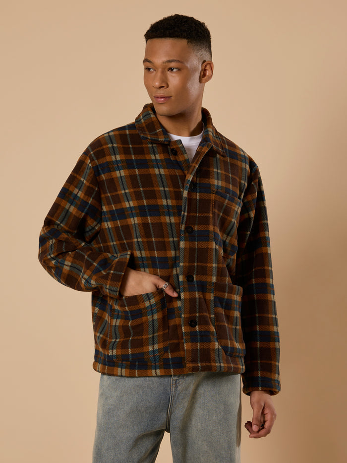 men's biege checked fleece shacket with cotton and polyster belnded  fabric.