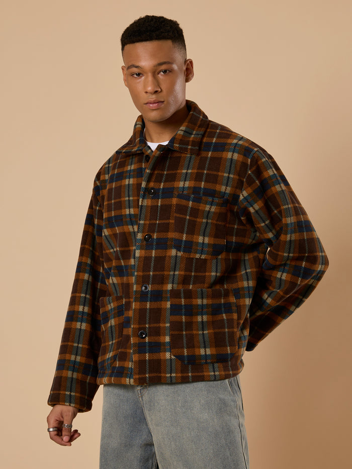 men's biege checked fleece shacket with cotton and polyster belnded  fabric.