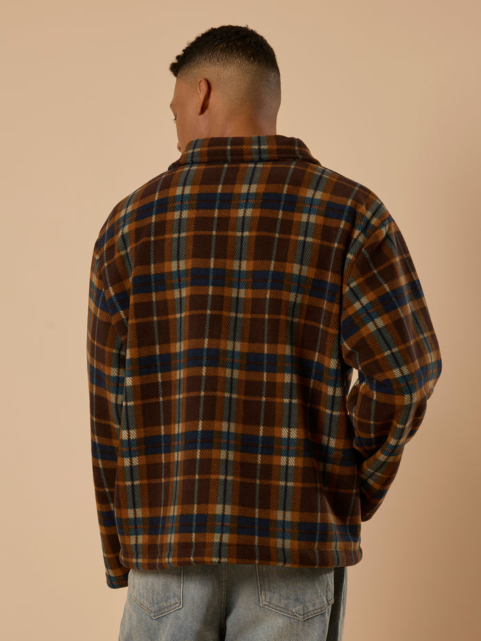 men's biege checked fleece shacket with cotton and polyster belnded  fabric.
