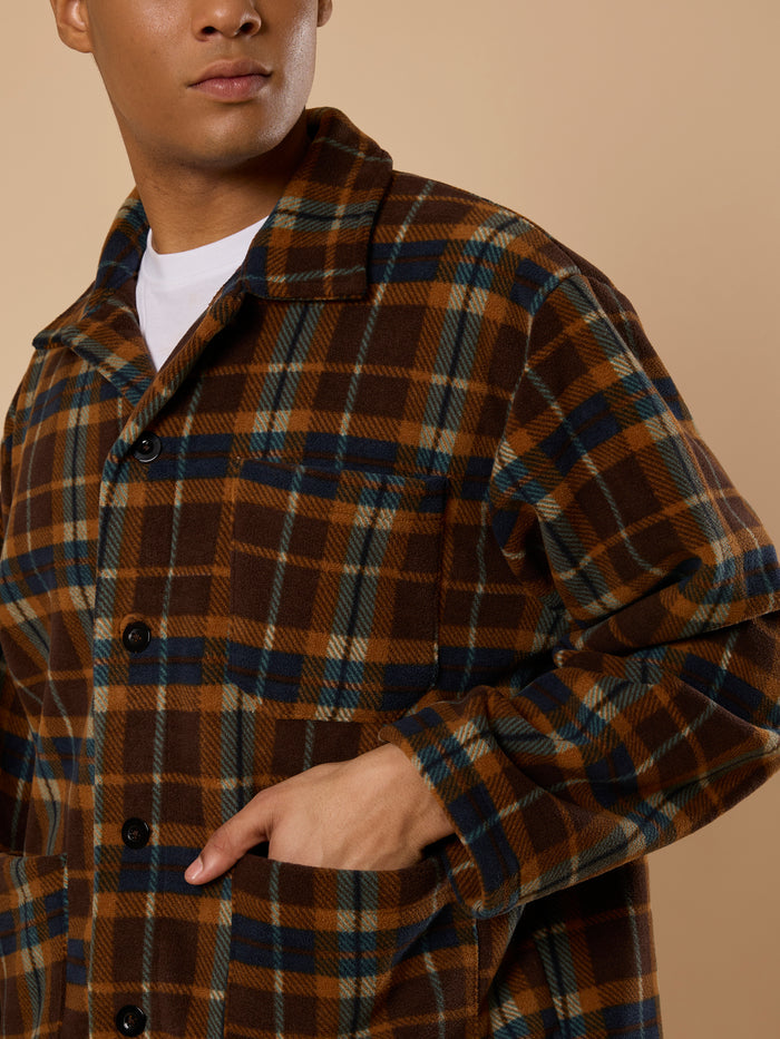 men's biege checked fleece shacket with cotton and polyster belnded  fabric.