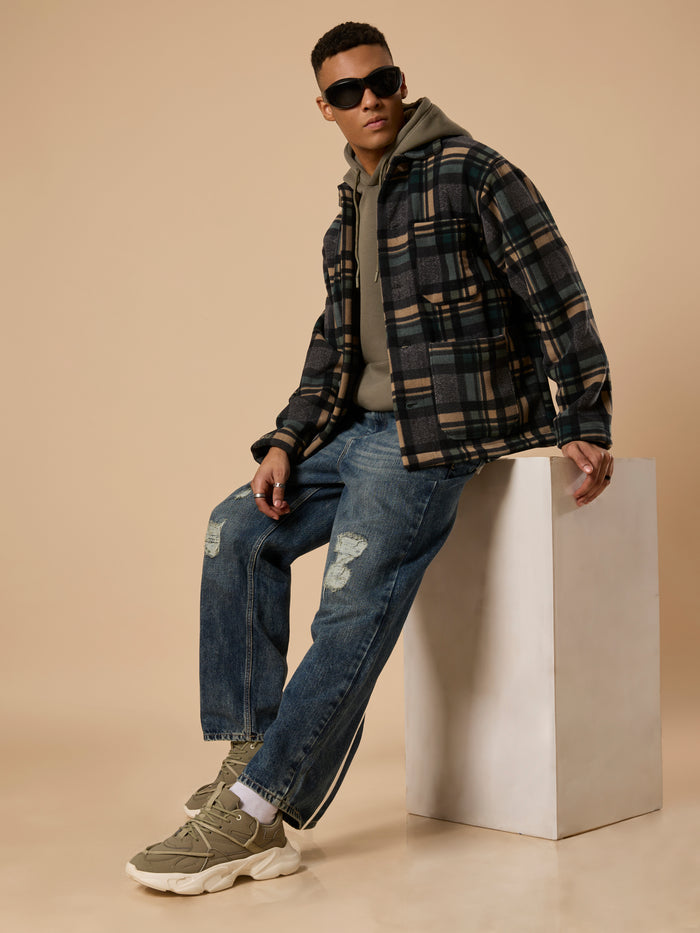 men's charcoal checked fleece shacket with cotton and polyster belnded  fabric.