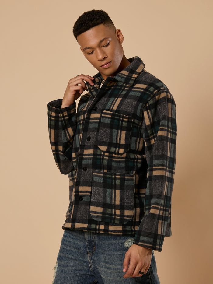 men's charcoal checked fleece shacket with cotton and polyster belnded  fabric.