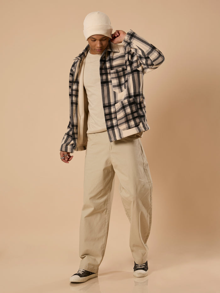 men's off black checked fleece shacket with cotton and polyster belnded  fabric.