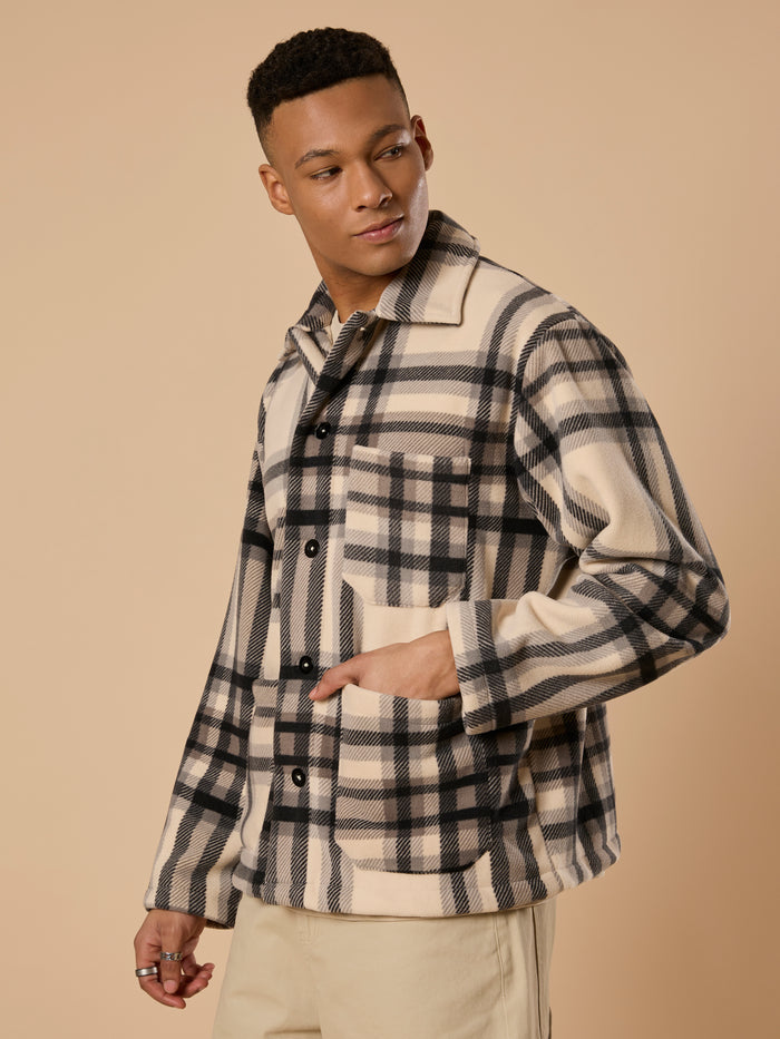men's off black checked fleece shacket with cotton and polyster belnded  fabric.