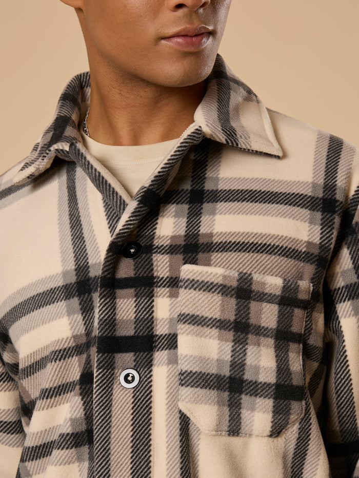 men's off black checked fleece shacket with cotton and polyster belnded  fabric.