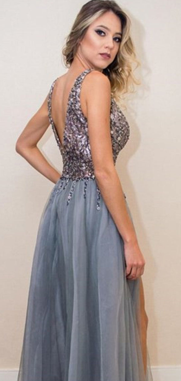 Shiny Sequin Beading Tulle Silt Sleeveless A-line Prom Dresses,PD00195