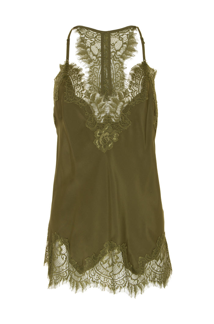 The Silk Lace Razorback Cami in olive.