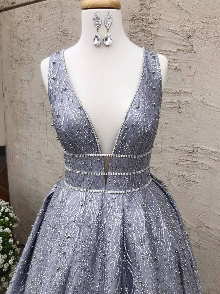 Silver Sequin Lace Beading Ball Gown Sleeveless Prom Dresses.PD00264