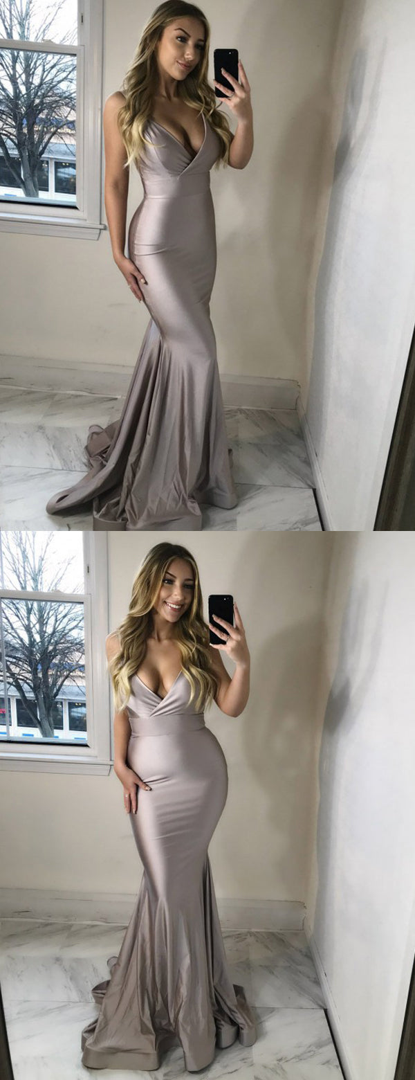 Silver Spaghetti Strap Mermaid V-neck Sexy Charming Prom Dresses.PD00246