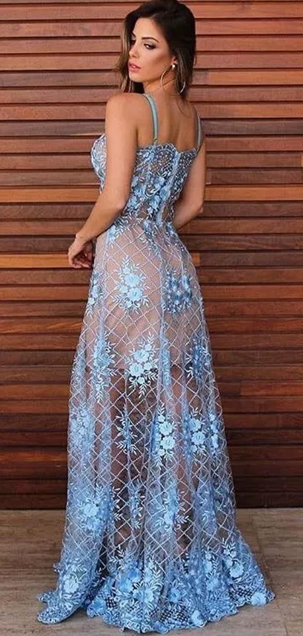 Sky Blue Lace See Through Spaghetti Strap Prom Dresses.PD00236
