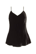 Luxurious blended silk velvet camisole with adjustable straps, and cut on bias. It is lined, has a V-neck line, and a super soft touch. Here shown in black.