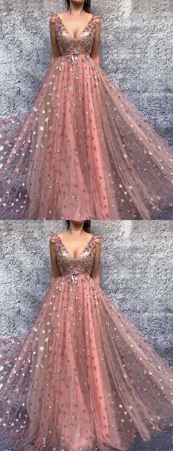 Sparkly Peach Pink Star Sequins A-line Tulle Prom Dress, PD00287