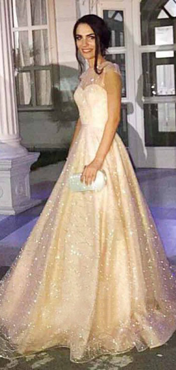 Sparkly Sequined Tulle Satin Illusion Cap Sleeve Prom Dreses,PD00369