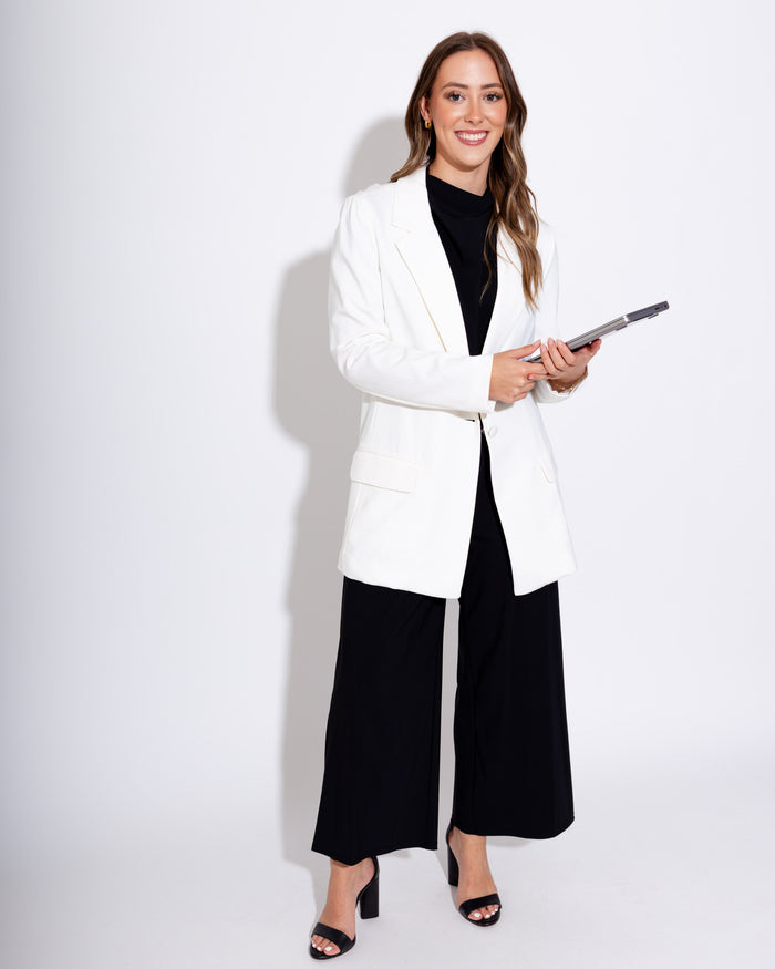 Stretch Knit Open Pocket Front Boyfriend Blazer-WHITE