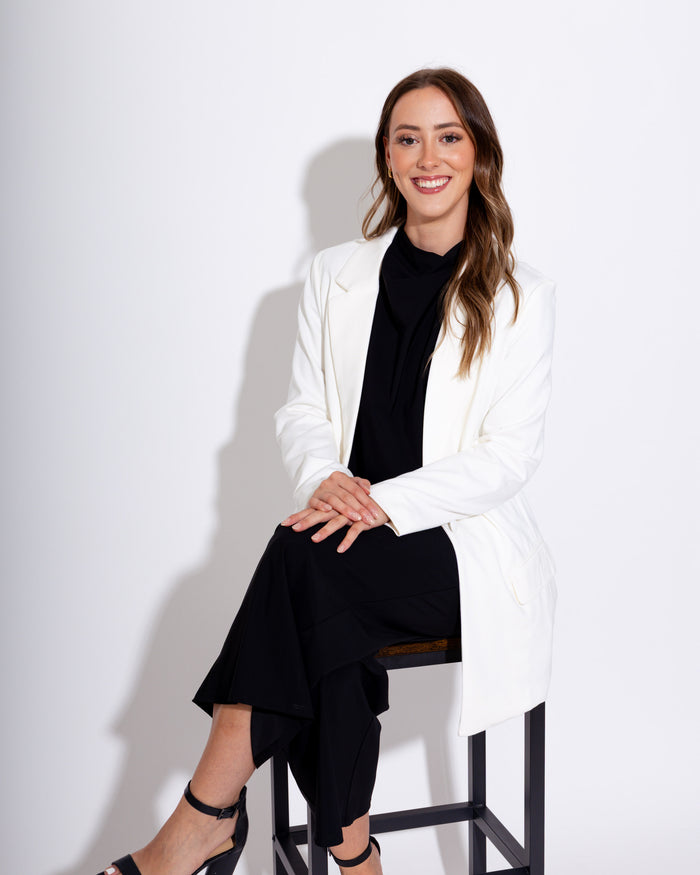Stretch Knit Open Pocket Front Boyfriend Blazer-WHITE