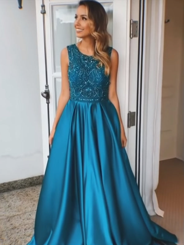 Stuning Blue Satin Beaded Sleeveless A-line Evening Gowns, PD00279