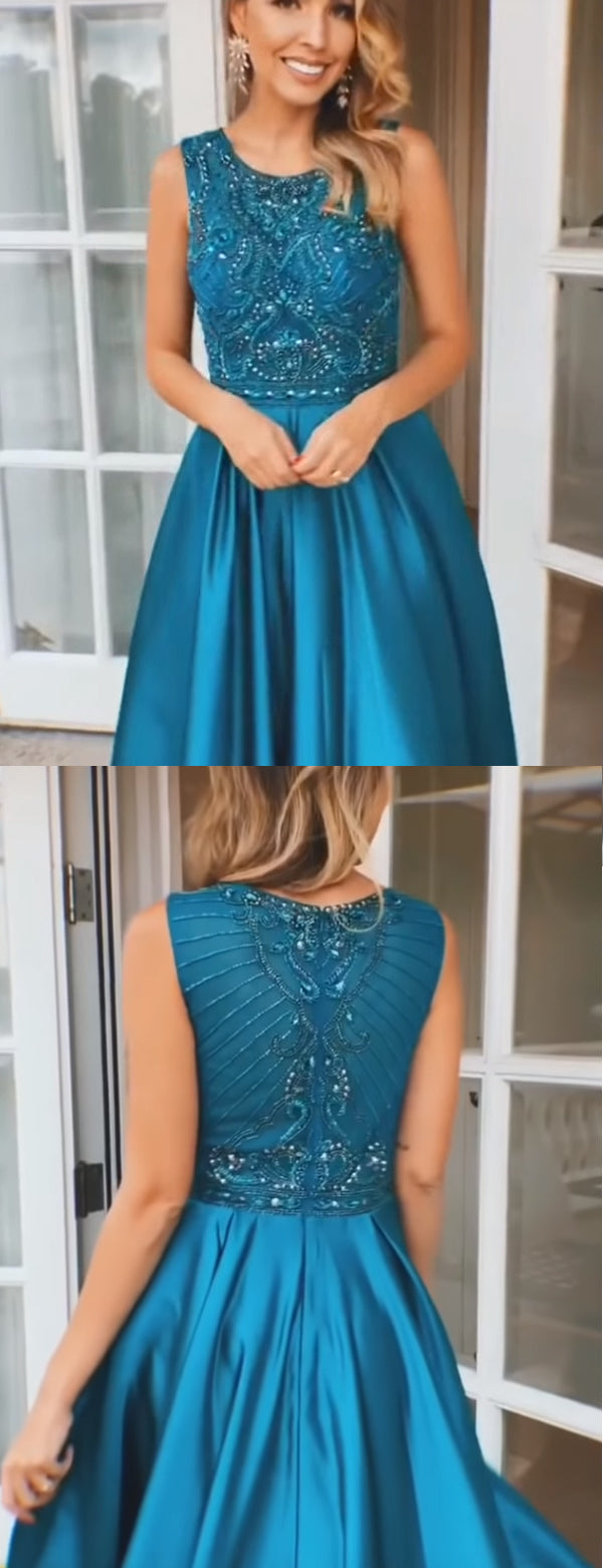 Stuning Blue Satin Beaded Sleeveless A-line Evening Gowns, PD00279