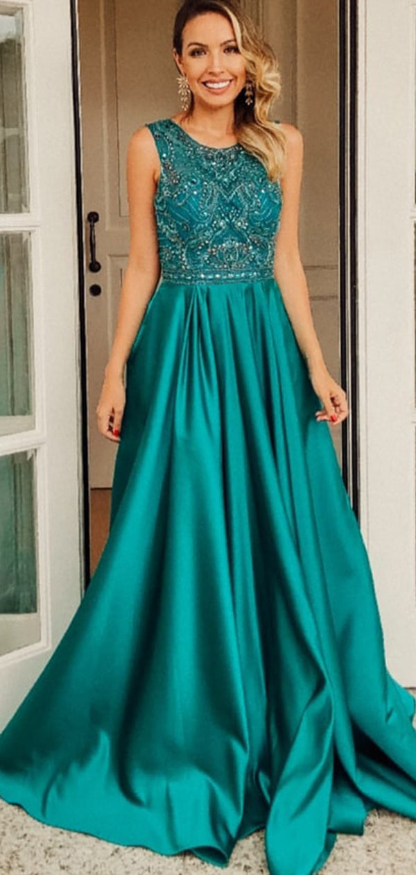 Stuning Blue Satin Beaded Sleeveless A-line Evening Gowns, PD00279