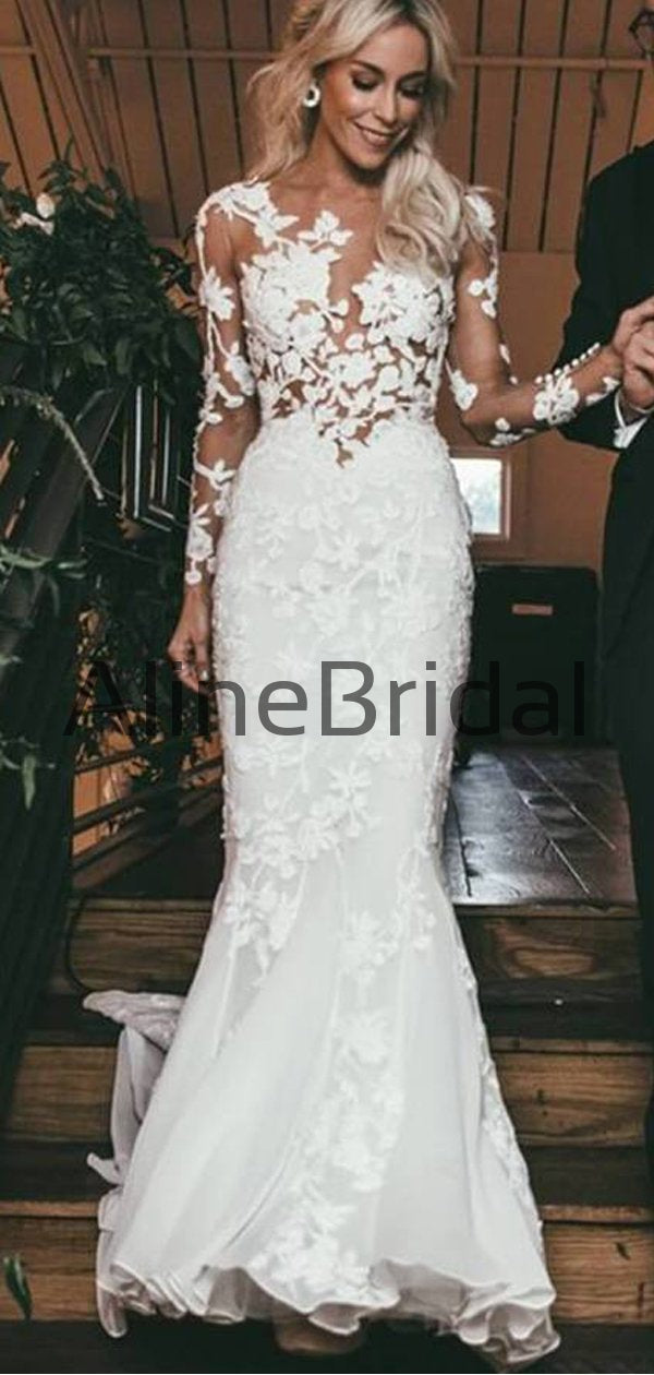 Stunning Lace Applique Illusion Long Sleeve Mermaid With Train Wedding Dresses, AB1552