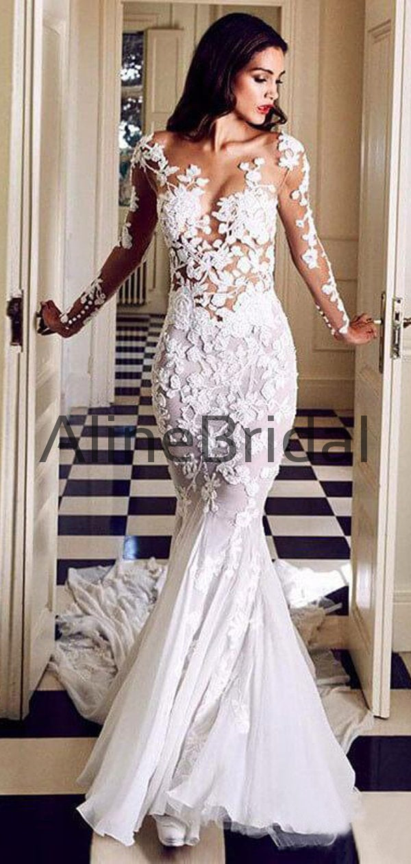Stunning Lace Applique Illusion Long Sleeve Mermaid With Train Wedding Dresses, AB1552