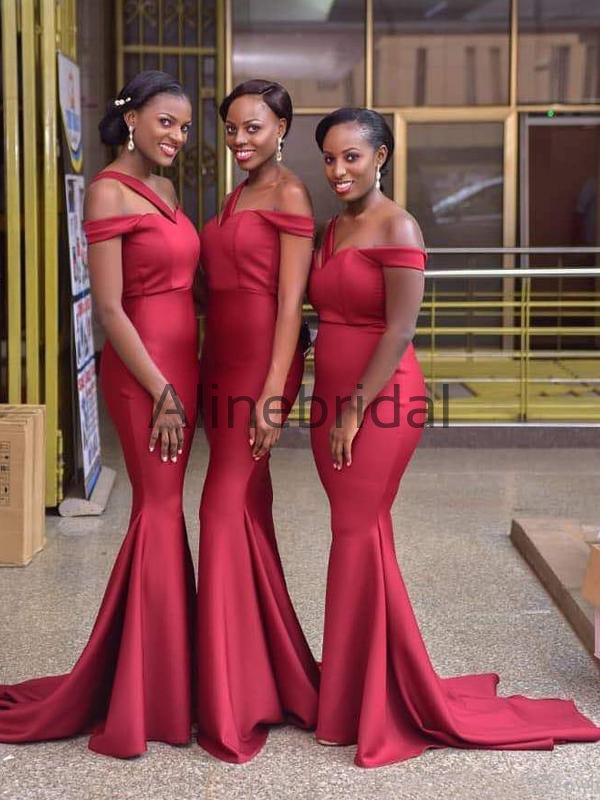 Stunning Red Off-the-Shoulder Mermaid Bridesmaid Dresses, AB4089