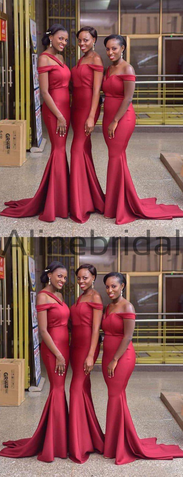 Stunning Red Off-the-Shoulder Mermaid Bridesmaid Dresses, AB4089