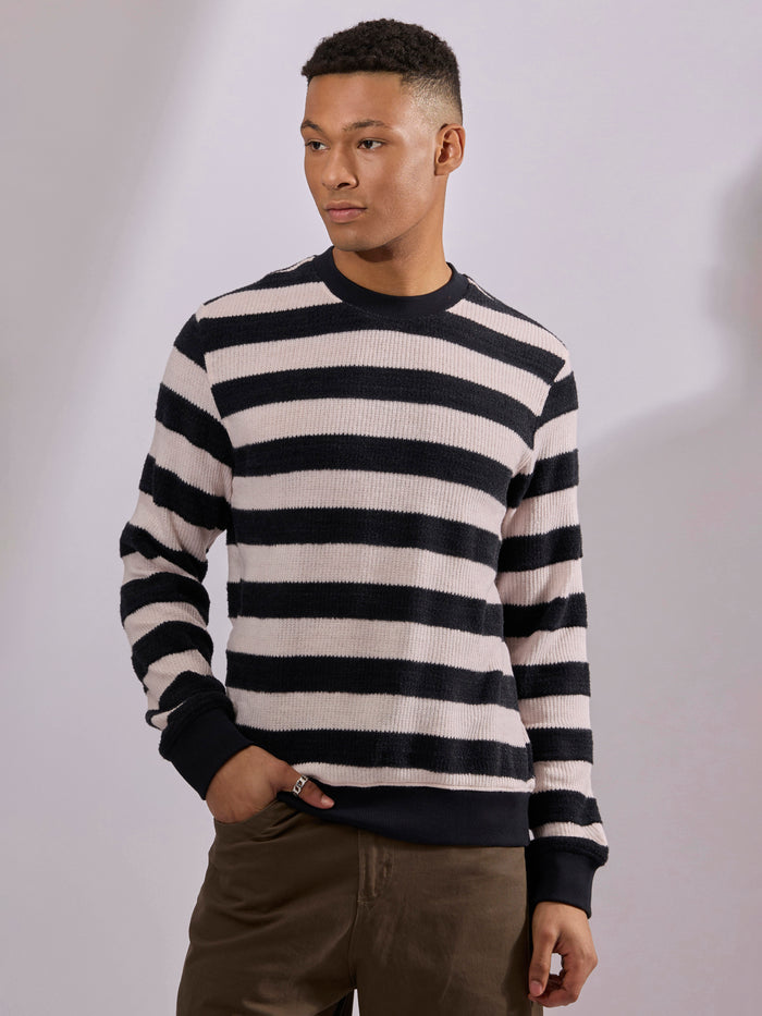 men's black stripped crew neck sweater , blended from cotton and polyster.