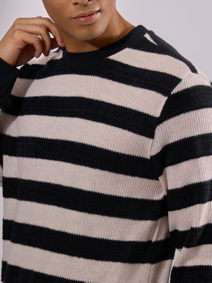 men's black stripped crew neck sweater , blended from cotton and polyster.