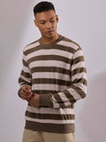 men's brown stripped crew neck sweater , blended from cotton and polyster.