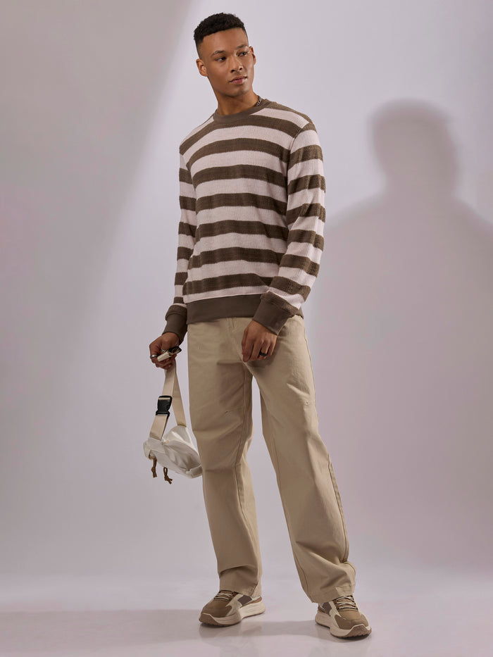 men's black stripped crew neck sweater , blended from cotton and polyster.